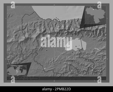 Carabobo, state of Venezuela. Bilevel elevation map with lakes and rivers. Locations of major cities of the region. Corner auxiliary location maps Stock Photo