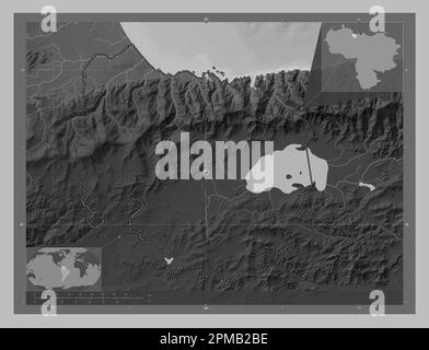 Carabobo, state of Venezuela. Grayscale elevation map with lakes and rivers. Corner auxiliary location maps Stock Photo