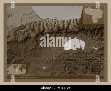 Carabobo, state of Venezuela. Elevation map colored in sepia tones with lakes and rivers. Corner auxiliary location maps Stock Photo