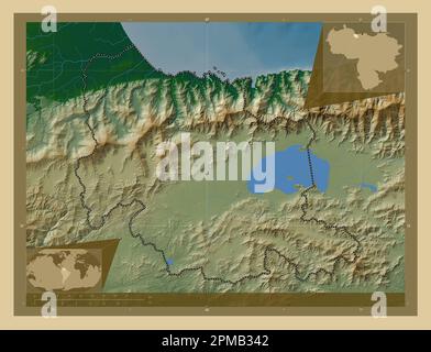 Carabobo, state of Venezuela. Colored elevation map with lakes and rivers. Corner auxiliary location maps Stock Photo