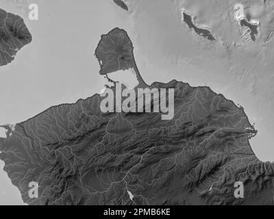 Falcon, state of Venezuela. Grayscale elevation map with lakes and rivers Stock Photo