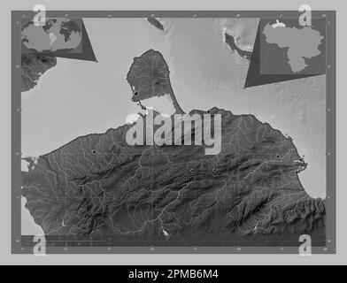 Falcon, state of Venezuela. Grayscale elevation map with lakes and rivers. Locations of major cities of the region. Corner auxiliary location maps Stock Photo