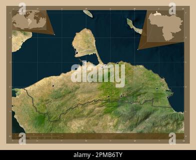 Falcon, state of Venezuela. Low resolution satellite map. Locations of major cities of the region. Corner auxiliary location maps Stock Photo