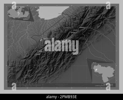 Merida, state of Venezuela. Grayscale elevation map with lakes and rivers. Locations and names of major cities of the region. Corner auxiliary locatio Stock Photo