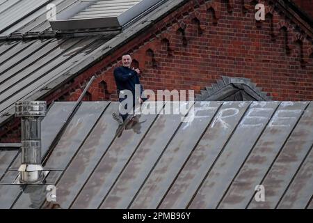 An Inmate makes it up on the roof at HM Prison Manchester aka Strangeways, Manchester, United Kingdom, 12th April 2023  (Photo by Ben Roberts/News Images) Stock Photo