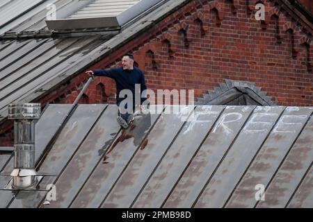 An Inmate makes it up on the roof at HM Prison Manchester aka Strangeways, Manchester, United Kingdom, 12th April 2023  (Photo by Ben Roberts/News Images) Stock Photo