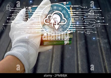Database storage cloud technology file data transfer sharing, cyber, big data information for financial online marketing, internet banking application Stock Photo