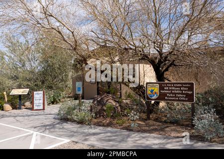 Lake Havasu City, AZ - March 10, 2023: Visitor Center and Parker Fishery Resources Office at the Bill Williams River National Wildlife Refuge. Stock Photo
