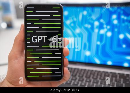 A mobile phone screen displaying GPT 6 artificial intelligence logo and neural network. March 2023, Prague, Czech Republic  Stock Photo