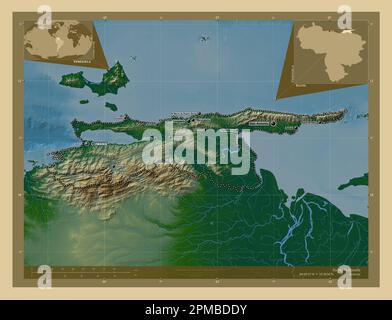 Sucre, state of Venezuela. Colored elevation map with lakes and rivers. Locations and names of major cities of the region. Corner auxiliary location m Stock Photo