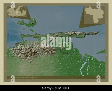 Sucre, state of Venezuela. Elevation map colored in wiki style with lakes and rivers. Locations of major cities of the region. Corner auxiliary locati Stock Photo