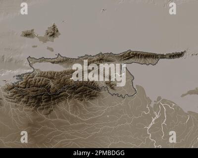 Sucre, state of Venezuela. Elevation map colored in sepia tones with lakes and rivers Stock Photo