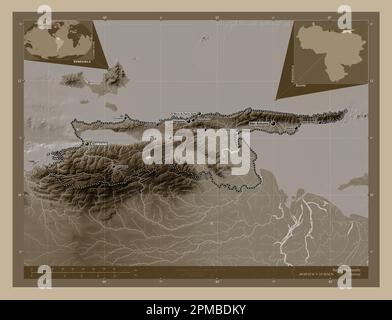 Sucre, state of Venezuela. Elevation map colored in sepia tones with lakes and rivers. Locations and names of major cities of the region. Corner auxil Stock Photo