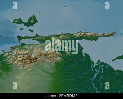 Sucre, state of Venezuela. Colored elevation map with lakes and rivers Stock Photo