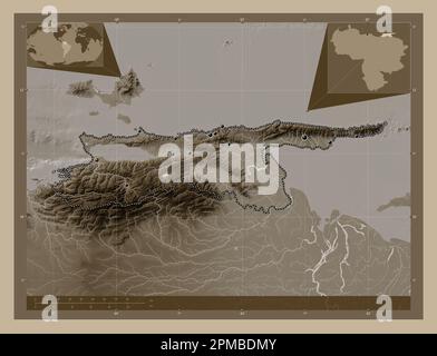 Sucre, state of Venezuela. Elevation map colored in sepia tones with lakes and rivers. Locations of major cities of the region. Corner auxiliary locat Stock Photo