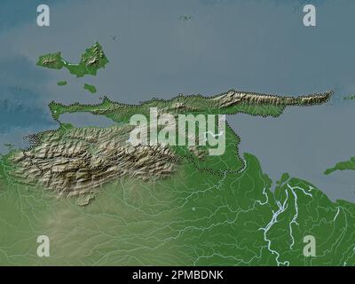 Sucre, state of Venezuela. Elevation map colored in wiki style with lakes and rivers Stock Photo