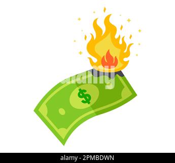 burning dollar bill. collapse of the currency. flat vector illustration. Stock Vector