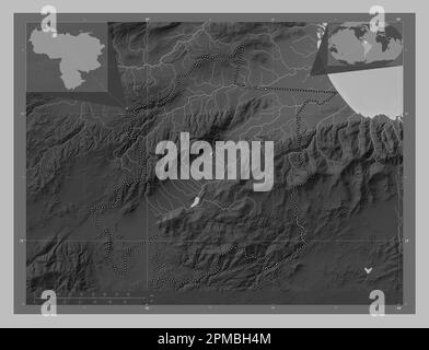 Yaracuy, state of Venezuela. Grayscale elevation map with lakes and rivers. Corner auxiliary location maps Stock Photo