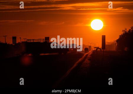 sunset on Highway 15 as it passes through the Yaquis towns between the municipalities of Empalme and Ciudad Obregon in the southern Mexican state of Sonora, Mexico. © (© Photo by Luis Gutierrez / Norte Photo)  atardecer en la carretera 15 a su paso por los pueblos Yaquis entre los municipios de  Empalme y Ciudad Obregon  sur del estado mexicano de Sonora, Mexico . © (© Photo by LuisGutierrez / Norte Photo) Stock Photo