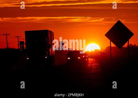 sunset on Highway 15 as it passes through the Yaquis towns between the municipalities of Empalme and Ciudad Obregon in the southern Mexican state of Sonora, Mexico. © (© Photo by Luis Gutierrez / Norte Photo)  atardecer en la carretera 15 a su paso por los pueblos Yaquis entre los municipios de  Empalme y Ciudad Obregon  sur del estado mexicano de Sonora, Mexico . © (© Photo by LuisGutierrez / Norte Photo) Stock Photo