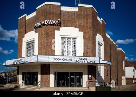 Art Deco Cinema - Letchworth Garden City Broadway Cinema and Theatre. Built in 1936 in art deco style. Architects Bennett and Bidwell. Stock Photo