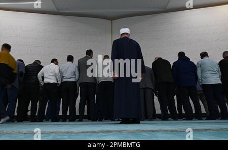 Mainz, Germany. 12th Apr, 2023. Believers have gathered in the prayer room of the Bosnian Mosque of the Islamic Community of Bosniaks (IGDB) in front of the wall relief with Suras 59 (l) and 2 from the Koran for evening prayer. During the fasting month of Ramadan, the Muslim communities in Rhineland-Palatinate also invite non-Muslims to break their fast in the evening (iftar). Credit: Arne Dedert/dpa/Alamy Live News Stock Photo