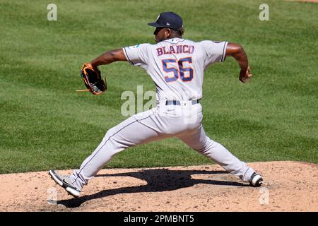 Houston Astros relief pitcher Ronel Blanco looks skyward after a double  play ball during the ninth inning of a baseball game against the San  Francisco Giants, Tuesday, May 2, 2023, in Houston. (