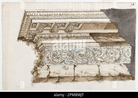 Drawing, Fragment of Entablature in the Classical Style; Unknown (Italian); Italy; pen and black ink, brush and blue, brown, and gray wash, slight traces of graphite on white laid paper; 17.1 x 26.9 cm (6 3/4 x 10 9/16 in.) Stock Photo