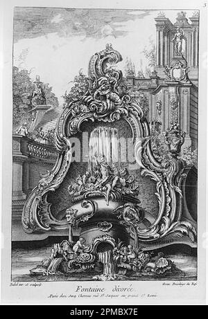 Print, Fountain with a cartouche and buildings; Designed by Pierre Edme Babel (French, 1720–1775); Published by Jacques Chéreau (French, 1688–1776); France; etching on off-white paper Stock Photo