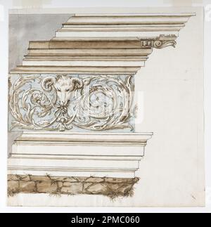 Drawing, Entablature in the Classical Style; Architect: Unknown (Italian); Italy; pen and black ink, blue, brown, and gray wash, slight traces of graphite on white laid paper; 24.8 x 24.5 cm (9 3/4 x 9 5/8 in.) Stock Photo