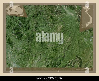 Bac Kan, province of Vietnam. High resolution satellite map. Locations and names of major cities of the region. Corner auxiliary location maps Stock Photo