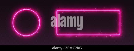 Pink neon frames with smoke and sparkles, glowing borders. Stock Vector