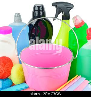 Bucket with dust wiper, sponges, chemicals bottles and mopping stick on the  floor in the apartment. Cleaning service concept Stock Photo - Alamy