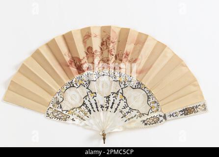 Pleated Fan; painted silk leaf; mother-of-pearl sticks carved à jour, silvered and gilded Stock Photo