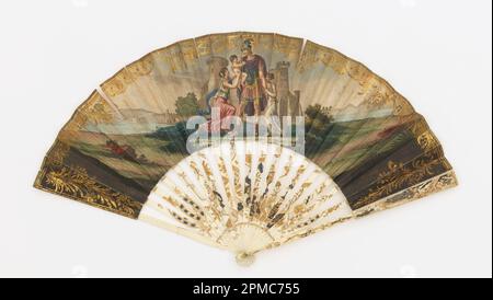 Pleated Fan; printed, hand-colored, and gilded paper leaf, carved and gilded ivory sticks Stock Photo