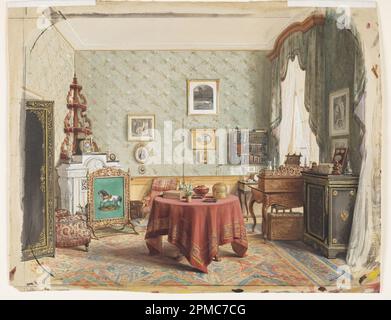 Drawing, A Sitting Room with a Writing Table; Wilhelm Amandus Beer (1837 – 1907); possibly Germany; brush and watercolor with accents of gold paint over graphite on paper; Old frame H x W x D: 49.5 x 55.9 x 4 cm (19 1/2 in. x 22 in. x 1 1/2 in.) Sheet: 29.5 x 37.5 cm (11 5/8 x 14 3/4 in.); Thaw Collection; 2007-27-64 Stock Photo