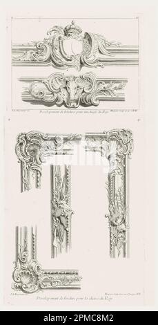 Print, Developement de bordure pour la chasse du Roy, Quatre détails..., 7th Plate [Four Details of the Frame for the Hunting picture for the King], pl. 39 in Oeuvre de Juste-Aurele Meissonnier; Designed by Juste-Aurèle Meissonnier (French, b. Italy, 1695–1750); Published by Gabriel Huquier (French, 1695–1772); France; etching on off-white laid paper; 29.9 x 22.1 cm (11 3/4 x 8 11/16 in.) Stock Photo