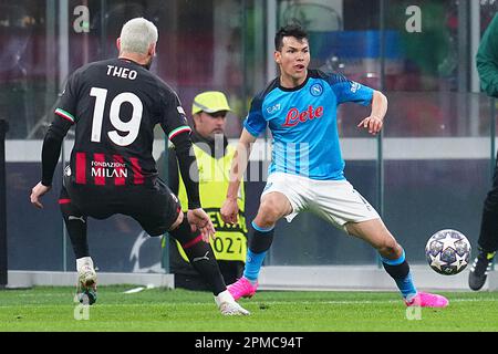 Naples, Italy. 12th Apr, 2023. Naples, Italy, April 2nd 2023: Hirving Lozano (11 Napoli) vies with Theo Hernández (19 Milan) during the Champions League match between AC Milan and SSC Napoli at Meazza Stadium in Milan, Italy (Foto Mosca/SPP) Credit: SPP Sport Press Photo. /Alamy Live News Stock Photo