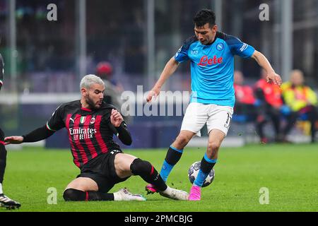 Naples, Italy. 12th Apr, 2023. Naples, Italy, April 2nd 2023: Hirving Lozano (11 Napoli) vies with Theo Hernández (19 Milan) during the Champions League match between AC Milan and SSC Napoli at Meazza Stadium in Milan, Italy (Foto Mosca/SPP) Credit: SPP Sport Press Photo. /Alamy Live News Stock Photo