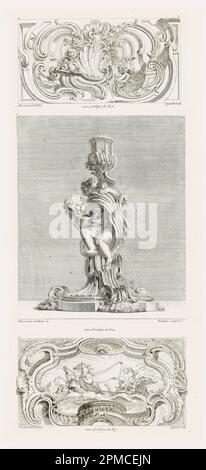 Print, Ornament Panel with Shell Fountain Flanked by Garlands and Volutes, pl. 22 in Oeuvre de Juste-Aurèle Meissonnier; Designed by Juste-Aurèle Meissonnier (French, b. Italy, 1695–1750); Engraved by Laureolli; Published by Gabriel Huquier (French, 1695–1772); France; etching on off-white laid paper; 11.5 x 20.4 cm (4 1/2 x 8 1/16 in.) Stock Photo