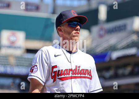 CLEVELAND, OH - APRIL 12: Cleveland Guardians center fielder Myles Straw  (7) leaves the field following the third inning of the the Major League  Baseball game between the New York Yankees and