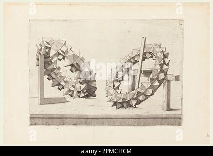 Print, Two Rings, plate I. i. in Perspectiva. Corporum Regularium; Designed by Wenzel Jamnitzer (German, 1508–1585); Engraved by Jost Amman (Swiss, active Germany, 1539–1591); Switzerland; engraving on white laid paper; Sheet approximately: 24 x 35.5 cm (9 7/16 x 14 in.) Stock Photo