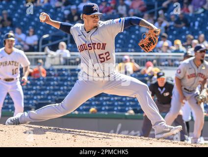 Houston Astros relief pitcher Bryan Abreu throws to the Minnesota Twins in  the eighth inning of a baseball game Sunday, April 9, 2023, in Minneapolis.  The Astros won 5-1. (AP Photo/Bruce Kluckhohn