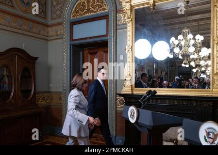 Washington, DC, USA. 11th Apr, 2023. United States Vice President Kamala Harris arrives with Prime Minister Mateusz Morawiecki of Poland, to give remarks before a meeting in the Vice Presidents Ceremonial Office in the Eisenhower Executive Office Building on the White House Campus in Washington, DC, US, on Tuesday, April 11, 2023. Harris and Morawiecki are expected to discuss Russia's invasion of Ukraine. Credit: Cheriss May/Pool via CNP/dpa/Alamy Live News Stock Photo