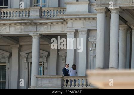 Washington, DC, USA. 11th Apr, 2023. United States Vice President Kamala Harris speaks on the balcony with Prime Minister Mateusz Morawiecki of Poland before their meeting in the Vice Presidents Ceremonial Office in the Eisenhower Executive Office Building on the White House Campus in Washington, DC, US, on Tuesday, April 11, 2023. Harris and Morawiecki are expected to discuss Russia's invasion of Ukraine. Credit: Cheriss May/Pool via CNP/dpa/Alamy Live News Stock Photo