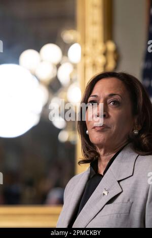 Washington, DC, USA. 11th Apr, 2023. United States Vice President Kamala Harris gives remarks to the press prior to meeting Prime Minister Mateusz Morawiecki of Poland in the Vice Presidents Ceremonial Office in the Eisenhower Executive Office Building on the White House Campus in Washington, DC, US, on Tuesday, April 11, 2023. Harris and Morawiecki are expected to discuss Russia's invasion of Ukraine. Credit: Cheriss May/Pool via CNP/dpa/Alamy Live News Stock Photo