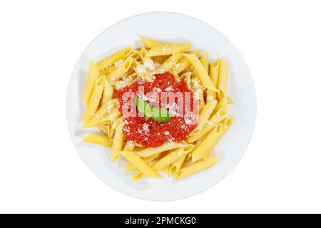 Penne Rigatoni Rigate isolated on a white background pasta top view eat meal from Italy lunch with tomato sauce on a plate Stock Photo