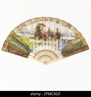 Pleated Fan; paper leaf with gilded and hand-colored lithograph; carved and pierced ivory sticks Stock Photo