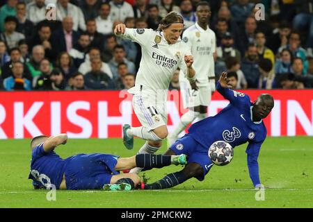 Madrid, Spain. 11th Apr, 2023. Real Madrid´s Luka Modri?? in action during Champions League Match Day 9 between Real Madrid CF and Chelsea FC at Santiago Bernabeu Stadium in Madrid, Spain, on April 12, 2023. Credit: Edward F. Peters/Alamy Live News Stock Photo