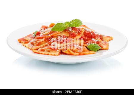 Ravioli pasta meal isolated on a white background from Italy for lunch eat dish with tomato sauce on a plate Stock Photo